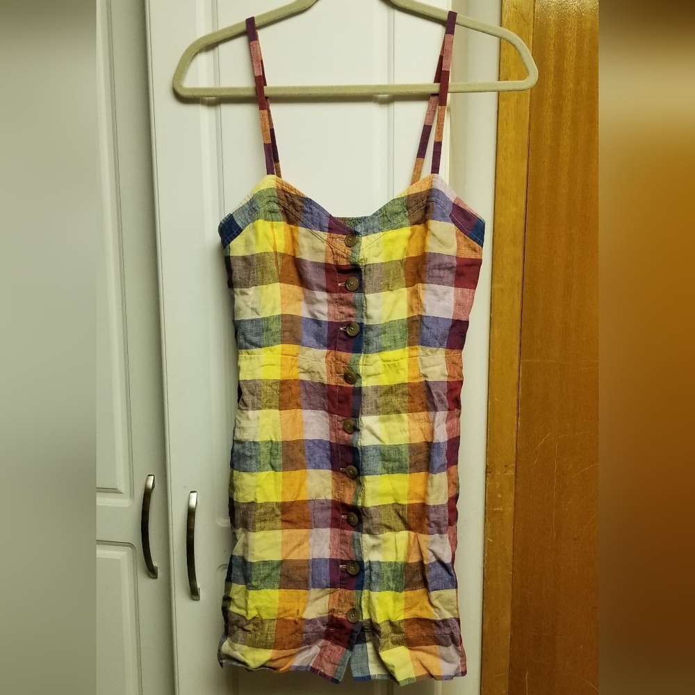 🍁🌺Wilfred linen checker patterned button down tank dress with back smocking